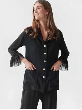 Sleeper Black Pajama Set M Button Front Top Pants Tulle Trim Lounge Set